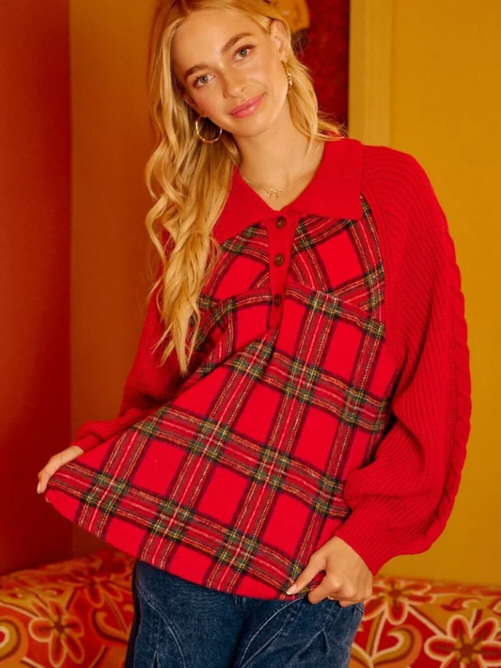 BiBi Plaid Buttoned Collared Top with Sweater Sleeve - Picture 6 of 9